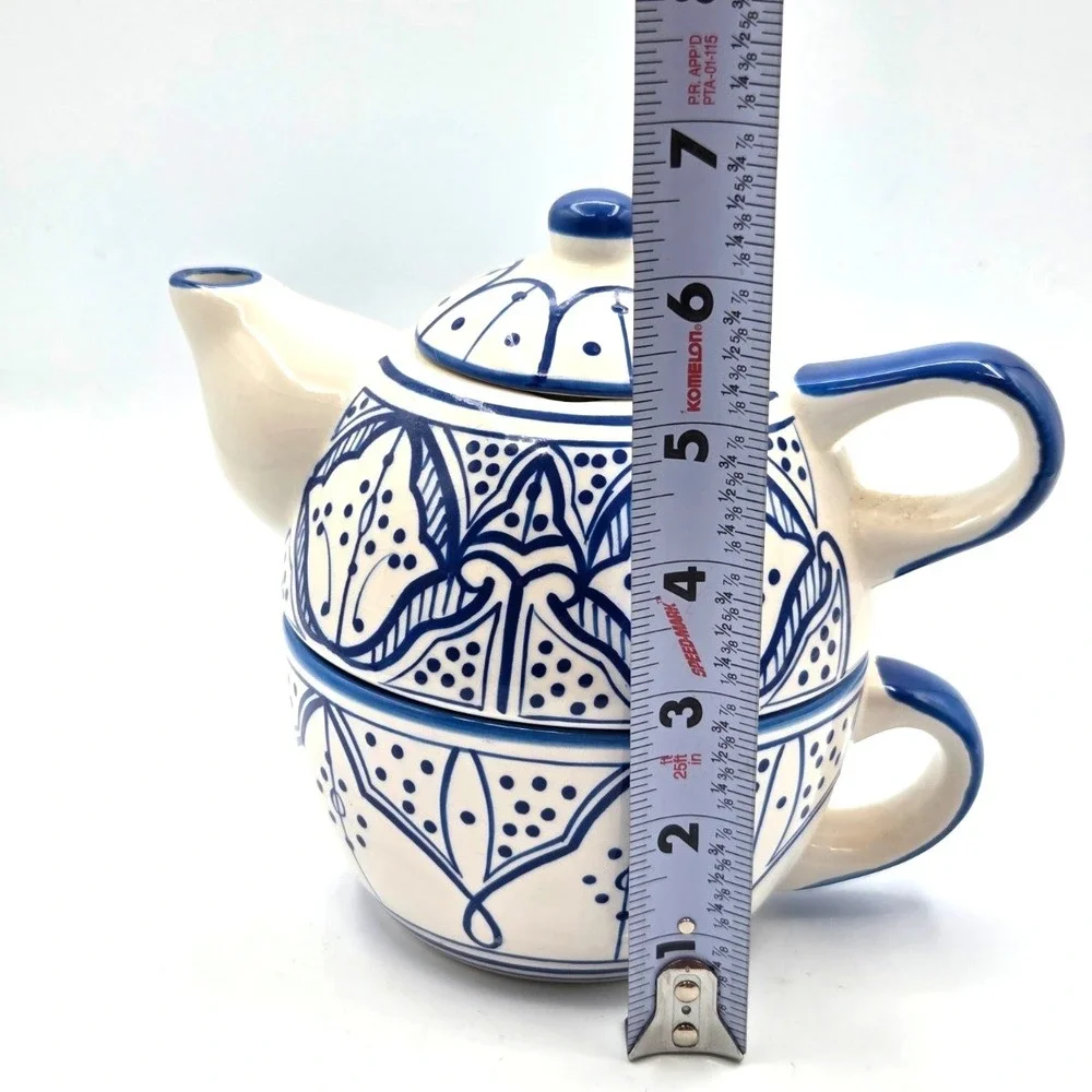 VINTAGE Moroccan Inspired Tea Pot 3 Piece Blue & White - Thailand